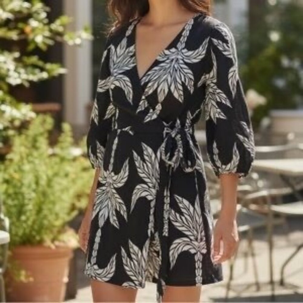 H&M New Black Palm Tree Linen Blend Wrap Dress Puff Sleeves Size XS Tropical